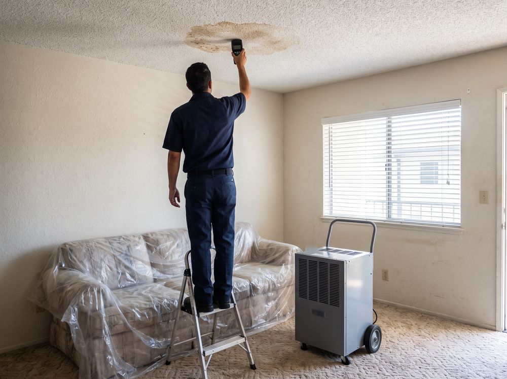 A technician on a step ladder pressing a moisture meter to a brown water stain on an apartment ceiling, a dehumidifier on the carpet