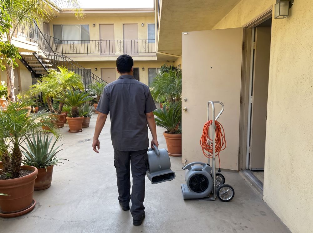 A technician in a plain gray work shirt carrying an air mover across an apartment courtyard, a hand truck with more equipment by an open door