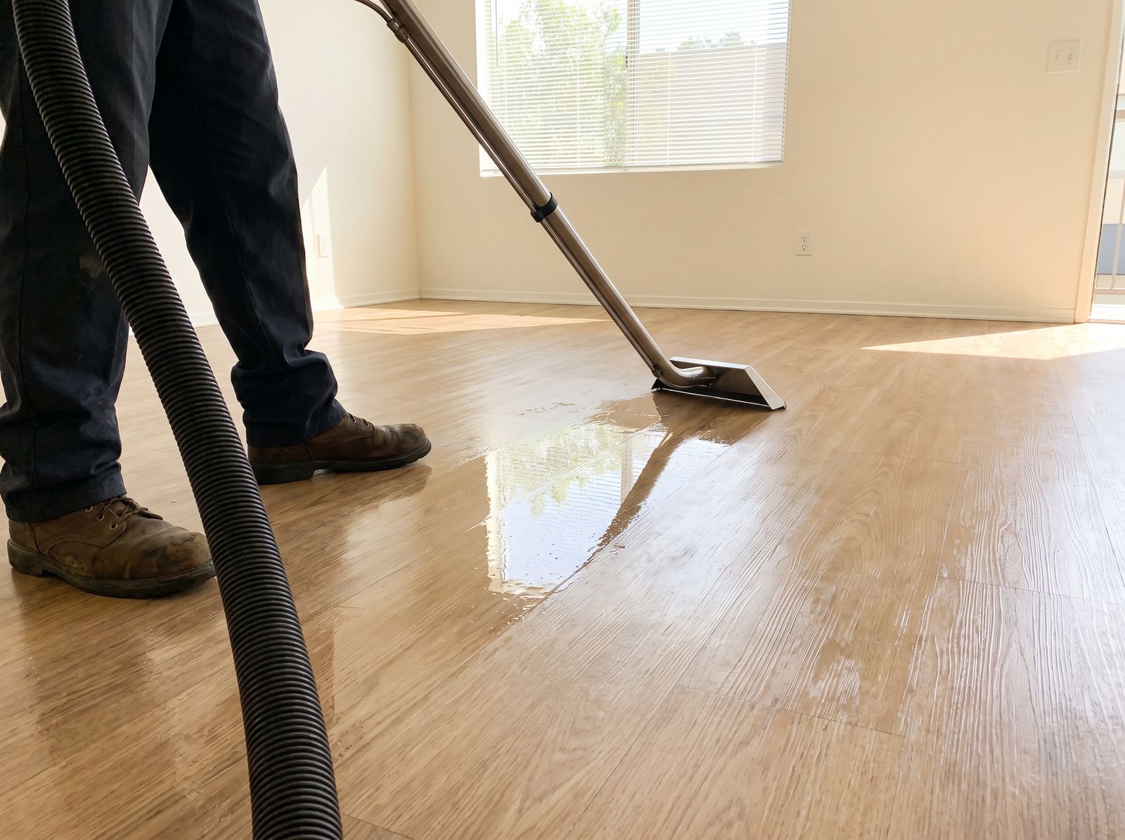 An extraction wand pulling standing water off a laminate floor in a sunny living room
