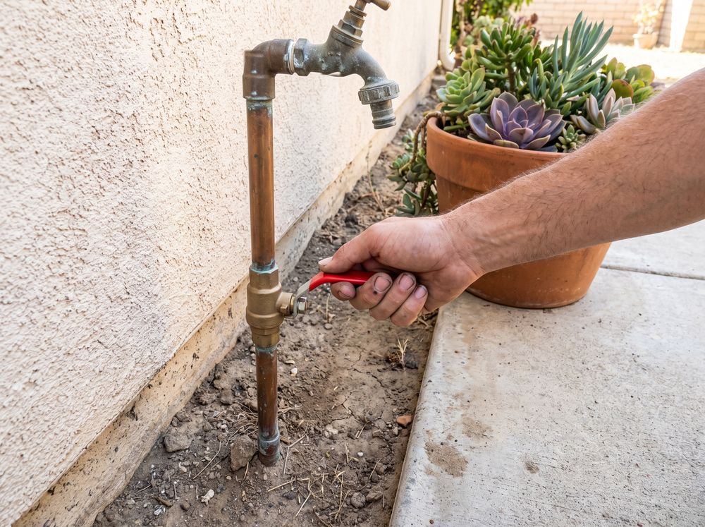 A hand turning the red lever of a main water shutoff valve on a copper pipe beside a stucco wall, below the hose bib