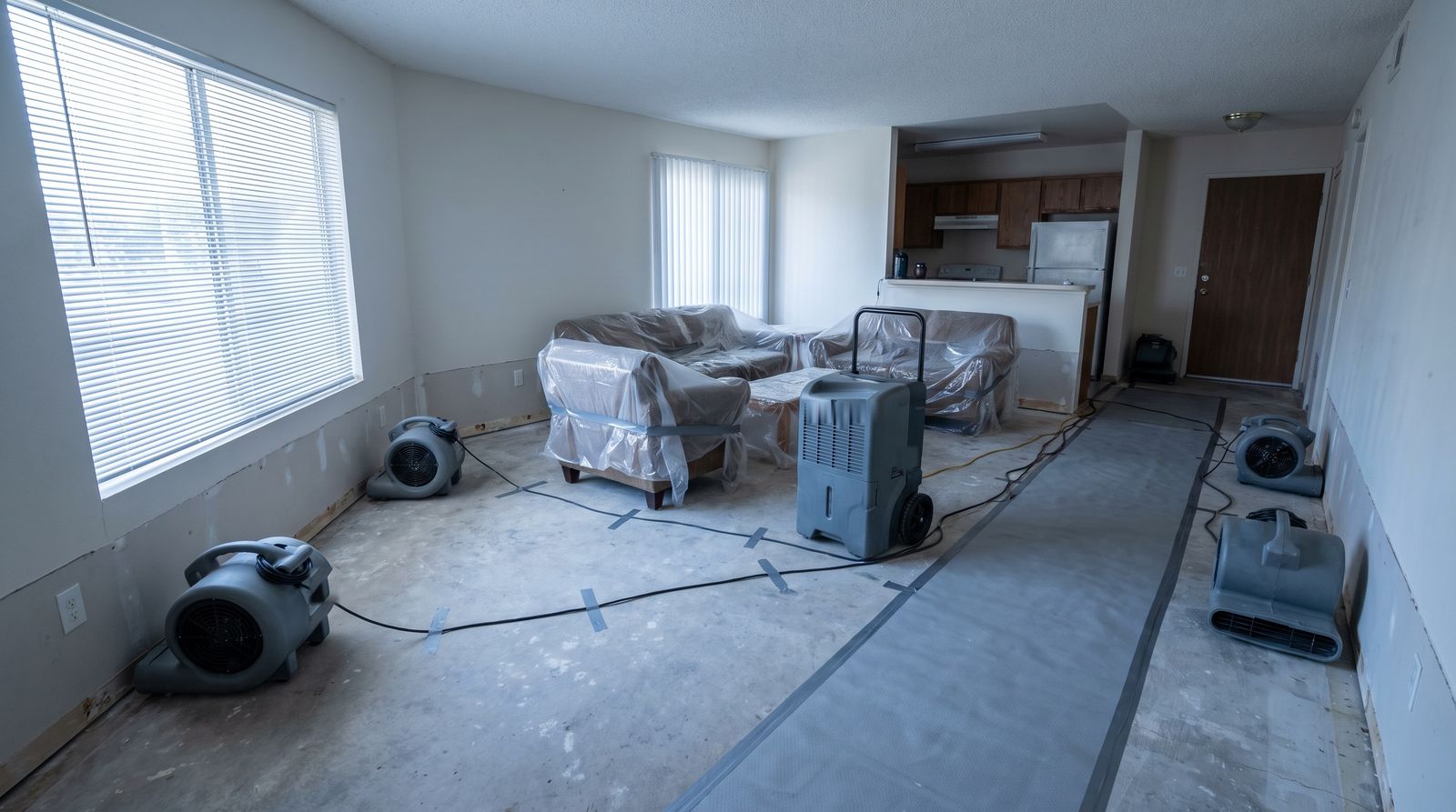 Air movers and a dehumidifier running in an apartment living room, the furniture covered in plastic and the lower drywall cut away